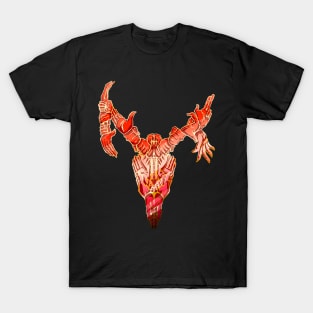 Creepy Metalic Deer Skull made of many hands (Red and Gold) T-Shirt